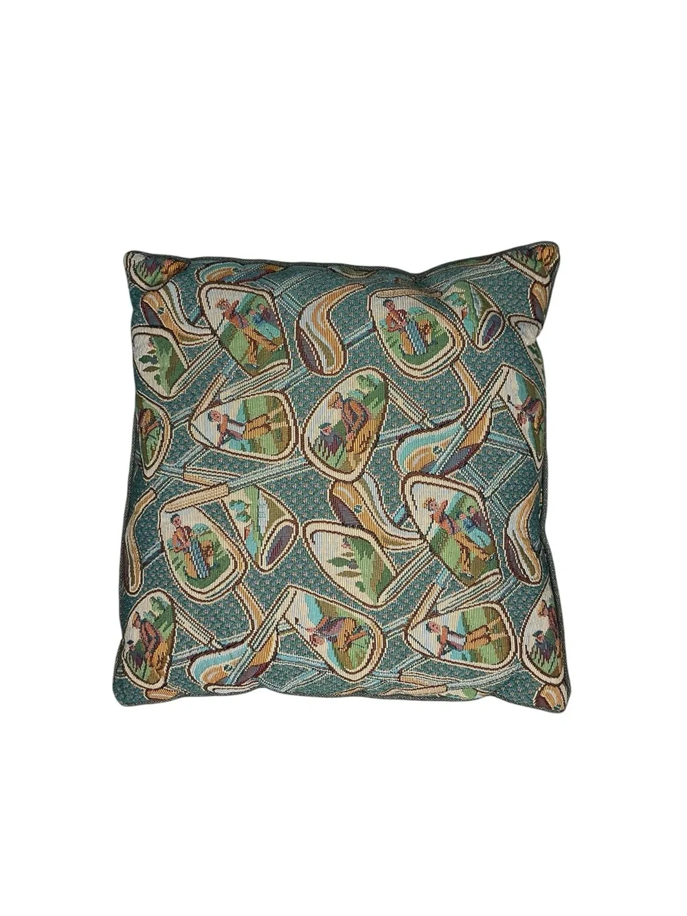 Vintage Golf Tapestry Throw Pillow Golfer Golf Clubs Green Square 18”